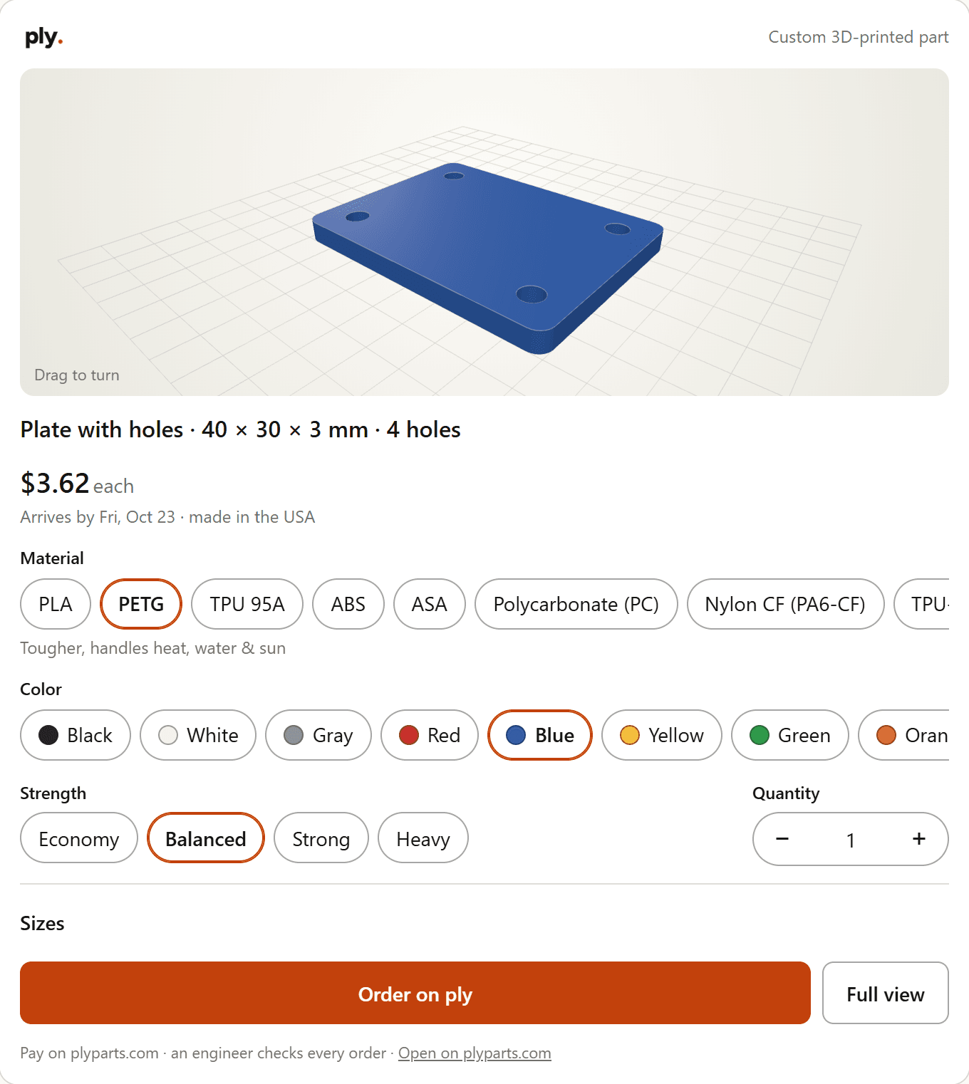 The ply card in a chat: a blue plate with four holes in 3D, its price per part, arrival date, material, color, strength and quantity choices, and the orange Order on ply button.